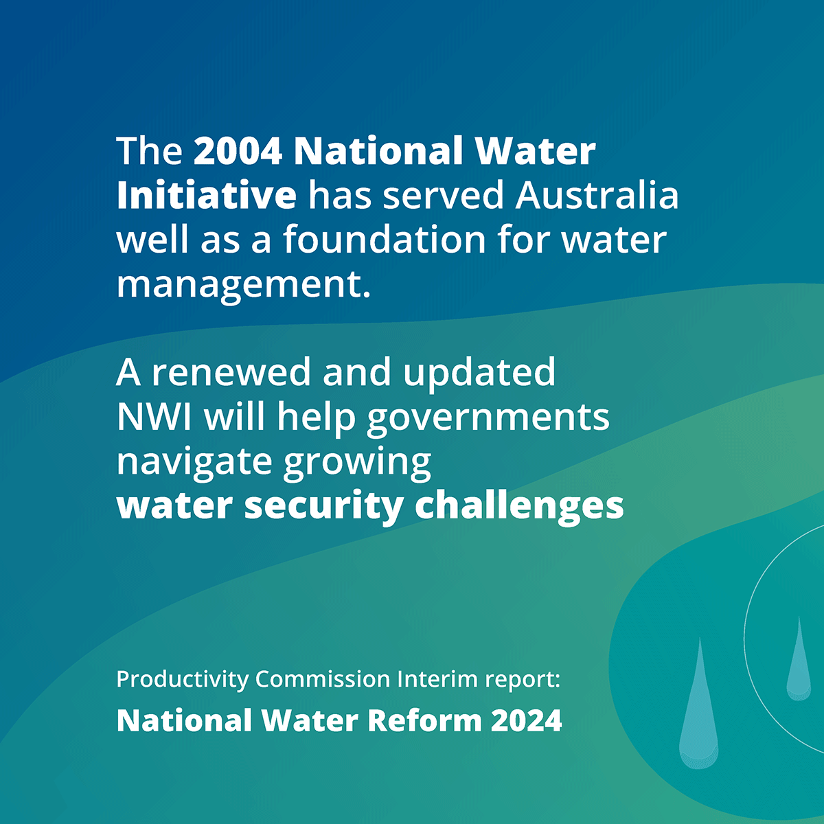 The 2004 National Water Initiative has served Australia well as a foundation for water management. A renewed and updated NWI will help governments navigate growing water security challenges. Productivity Commission Interim report: National Water Reform 2024