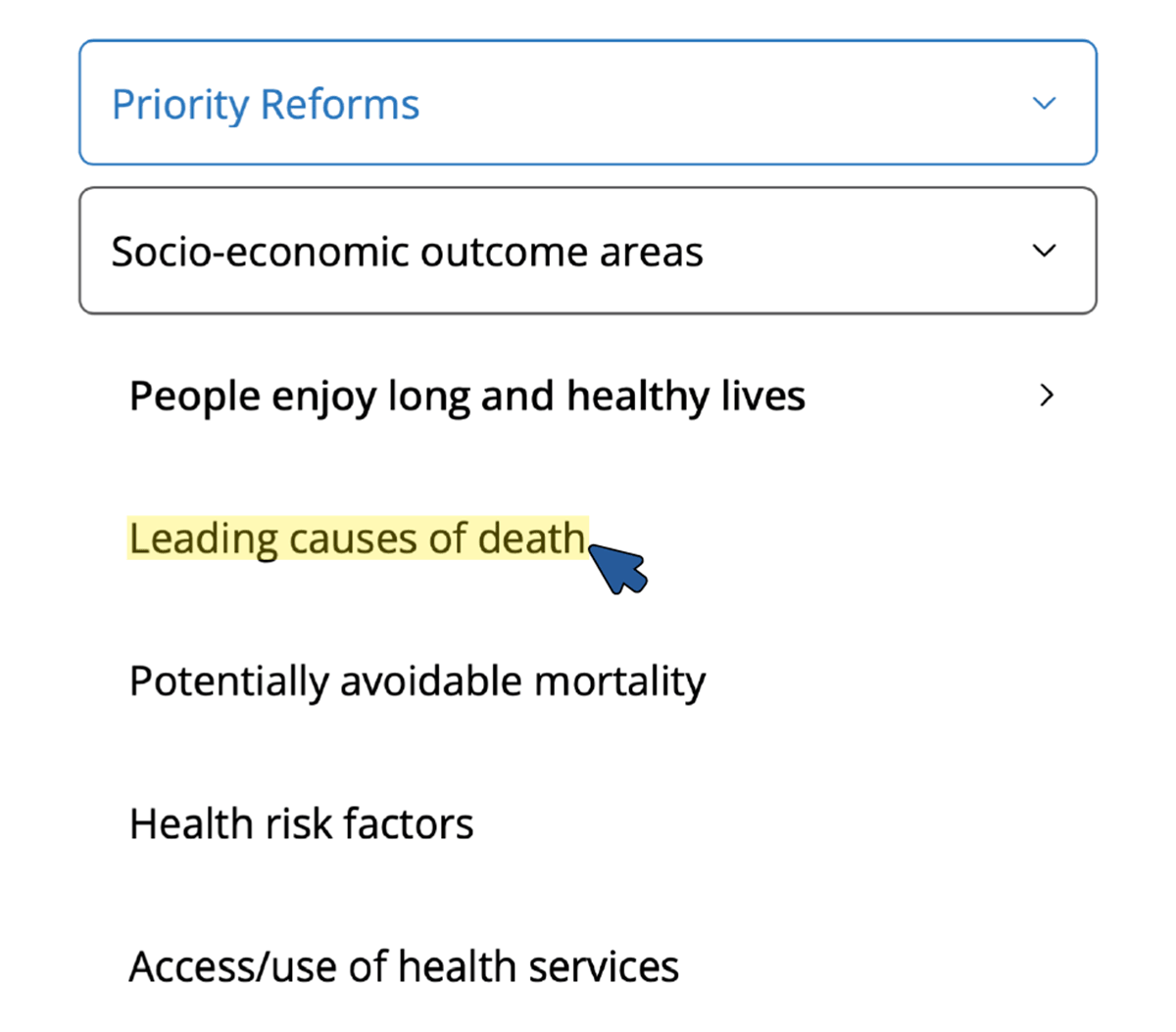 Where to click on the supporting indicator in the left hand navigation