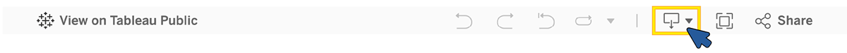 Tableau toolbar - icons show Undo, Redo, Reset, Download (highlighted), Full screen, Share