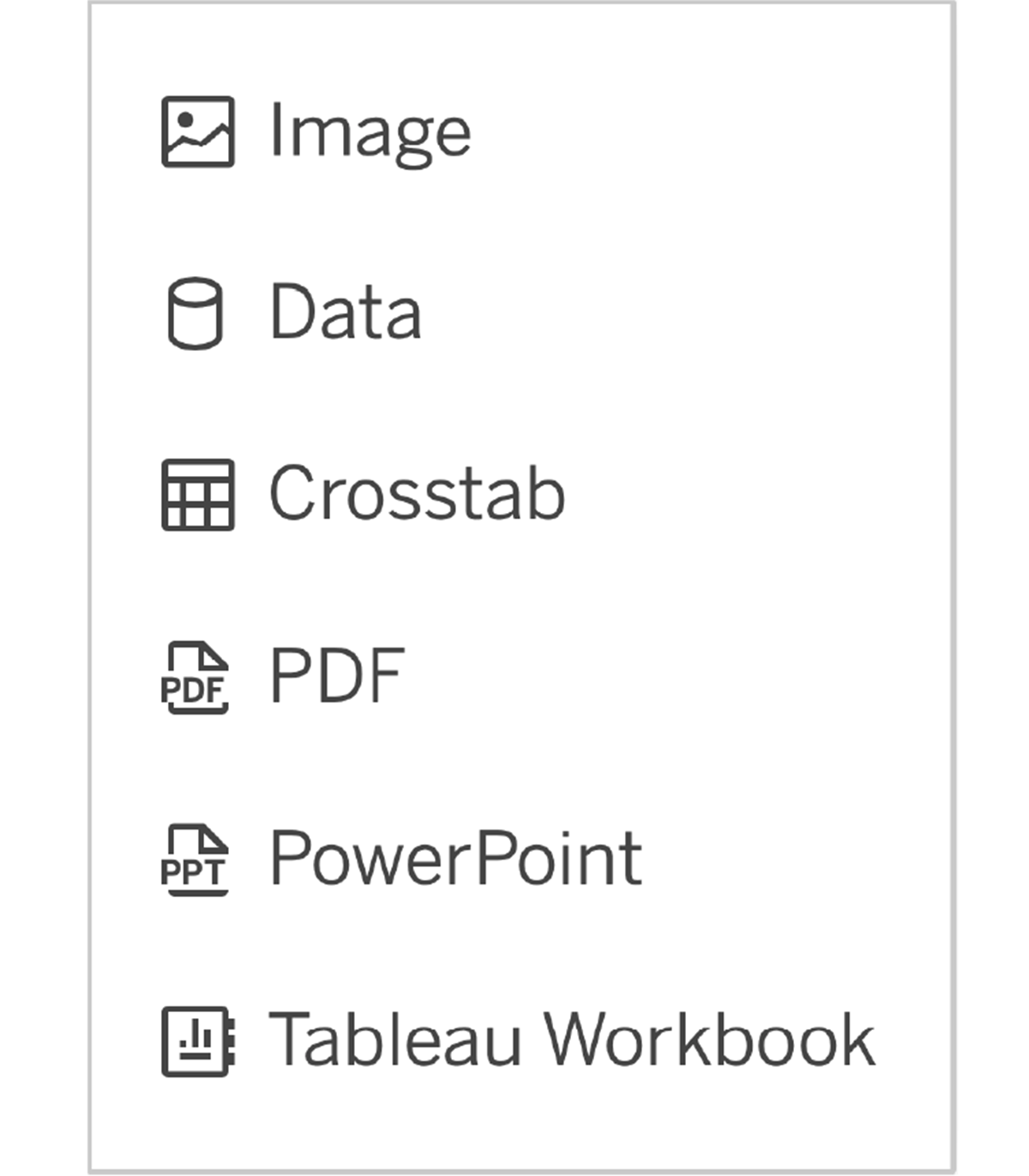 Download box - select file format: Image, Data, Crosstab, PDF, PowerPoint, Tableau Workbook