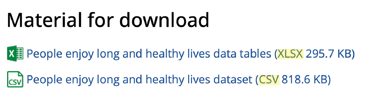 Material for download. Excel icon, filename with XLSX highlighted, file size. CSV icon, filename with CSV highlighted, file size.