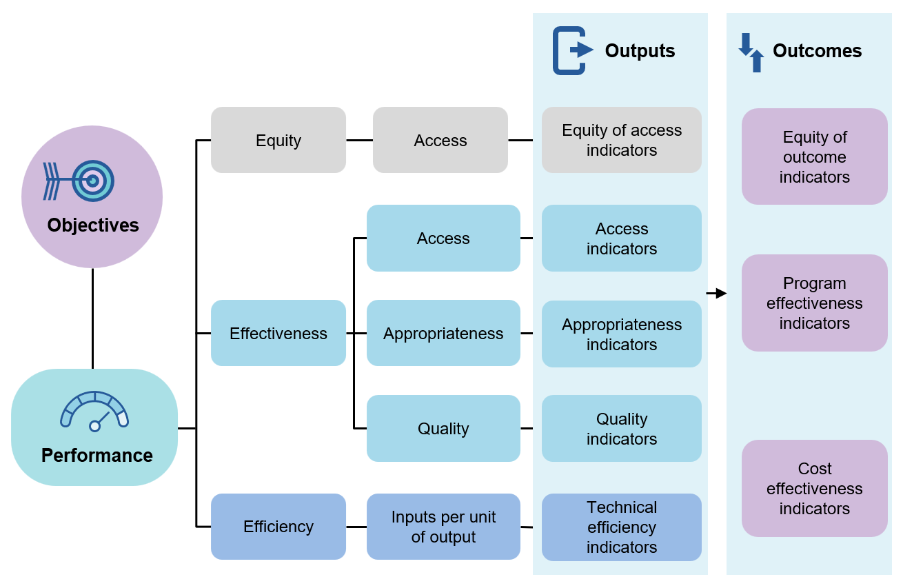 Figure 1.2 – General performance indicator framework shows outputs include equity of access indicators, access indicators, appropriateness indicators, quality indicators and technical efficiency indicators. Outcomes include equity of outcome indicators, program effectiveness indicators and cost effectiveness indicators. More details in surrounding text.