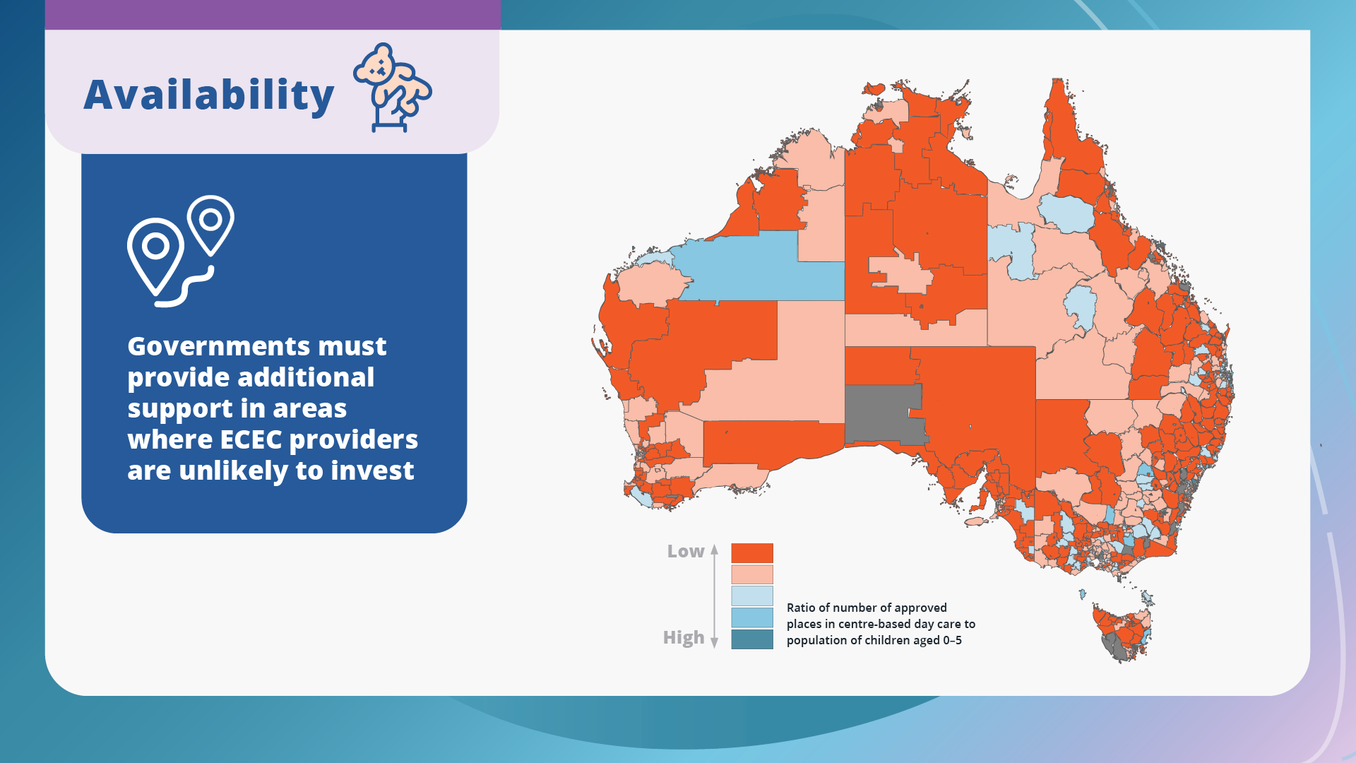 Availability. Governments must provide additional support in areas where Early Childhood Education and Care (ECEC) providers are unlikely to invest. [Image] A map of Australia shows the ratio of centre-based day care to population of children aged 0–5. Much of the country is a shade of red indicating areas likely to need government support.