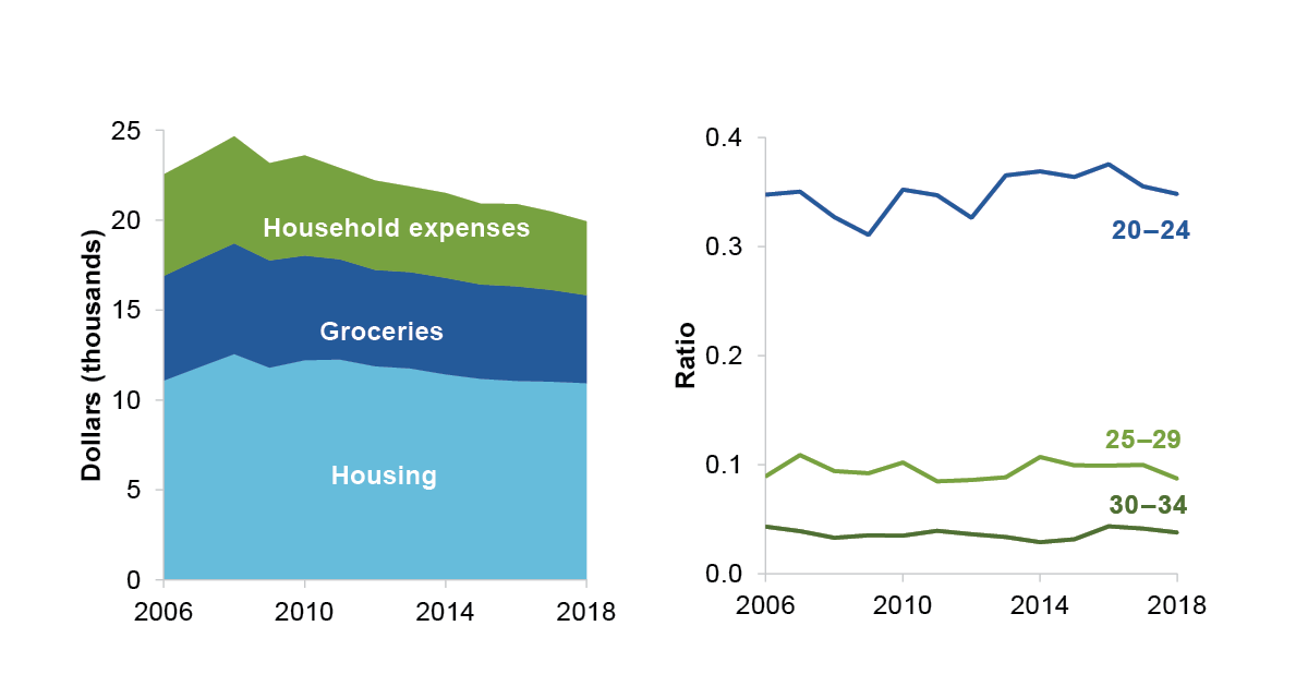 This figure contains two charts side by side. 
The chart on the left is a stacked area chart that shows the average real saving for 20-34 year olds who live with their parents, by saving source, between 2006 and 2018. From 2008 to 2018, the yearly average real saving decreased from about $24 700 to $19 900. Housing (or accommodation costs) made up about 55 per cent of the savings, groceries about 25 per cent and household expenses about 20 per cent. The chart on the right is a line chart that shows the ratio of real total savings to real total income by age group, between 2006 and 2018. For people aged 20-24, total savings are on average equivalent to about 35 per cent of total income. For people aged 25-29, total savings on average are equivalent to about 10 per cent of total income. For people aged 30-34, total savings are on average equivalent to about 4 per cent of total income. These ratios have remained similar across time.